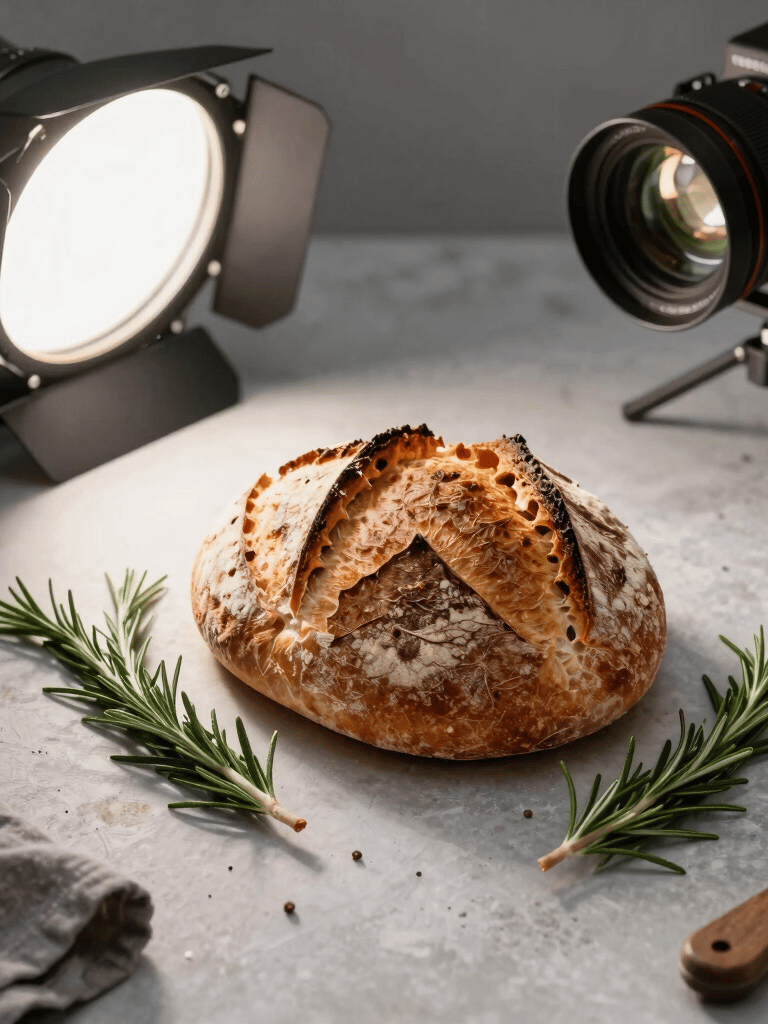 A creative flat-lay photography setup in a North American / European studio, featuring artisanal sourdough bread, fresh rosemary, and professional studio lighting equipment.