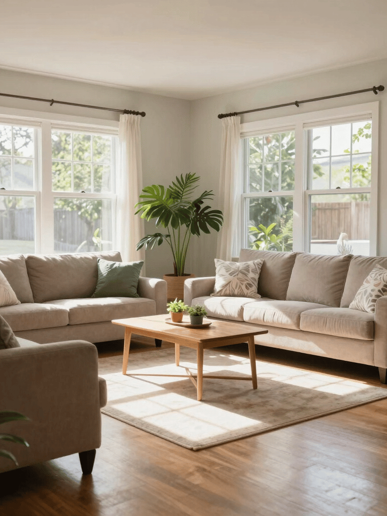 A wide photography shot of a spotless, sunlit North American living room with large windows and healthy green plants, conveying a safe and clean family environment.