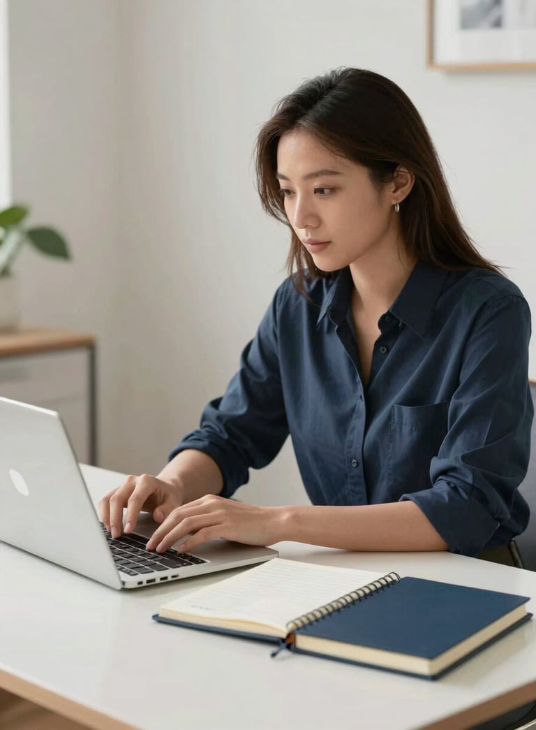 A focused professional in a modern North American / US home office, desk featuring a laptop and a notebook in Pale Mist and Navy Blue tones, clean bright morning lighting.