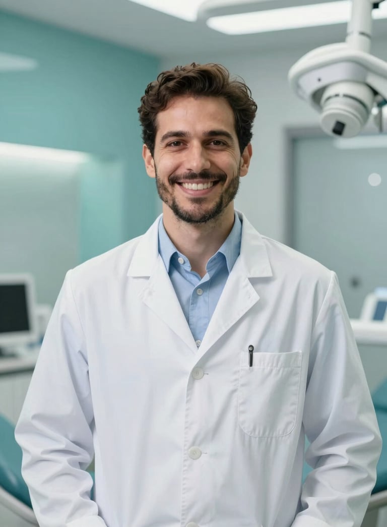 A professional portrait of Dr. Breno Henrique Alves Ferraz in a modern, clean dental office. He is smiling warmly, wearing a white clinical coat. The background is slightly blurred with #D6E0EC and #F5F8FA accents.