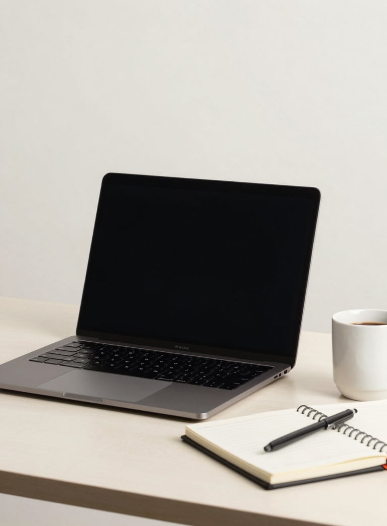 A professional workspace with a laptop, notebook, and a coffee cup on a light desk, North American / US office setting, clean and efficient mood, Off-white background.
