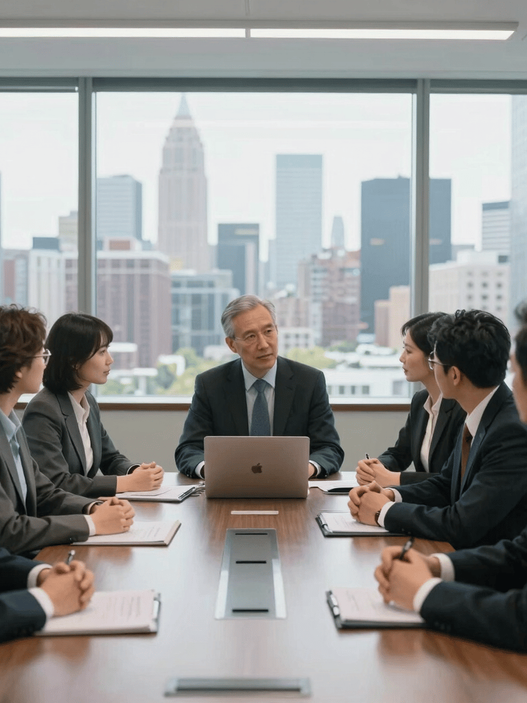 A professional North American business meeting in a bright, modern glass-walled conference room overlooking a city skyline, capturing a collaborative and strategic atmosphere.