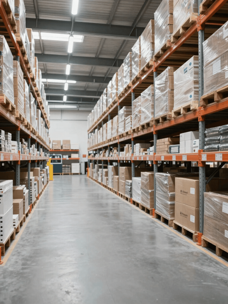 Professional wide-angle shot of a bright, modern wholesale distribution center in Germany. Clean grey floors, organized shelving, soft natural light, conveying a sense of competence and reliability.