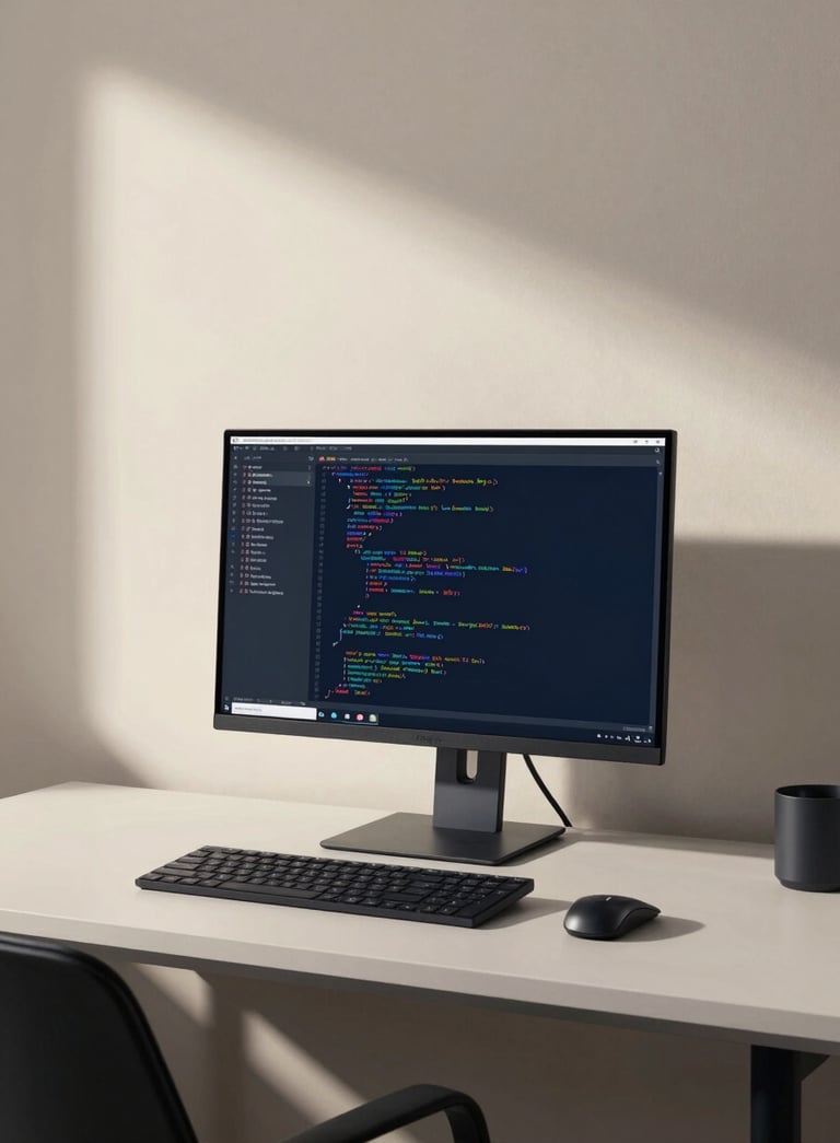 A high-end, minimalist workspace with a single high-resolution monitor displaying abstract code. The room is bathed in soft warm off-white light with deep navy accents, projecting an image of reliability and expertise.