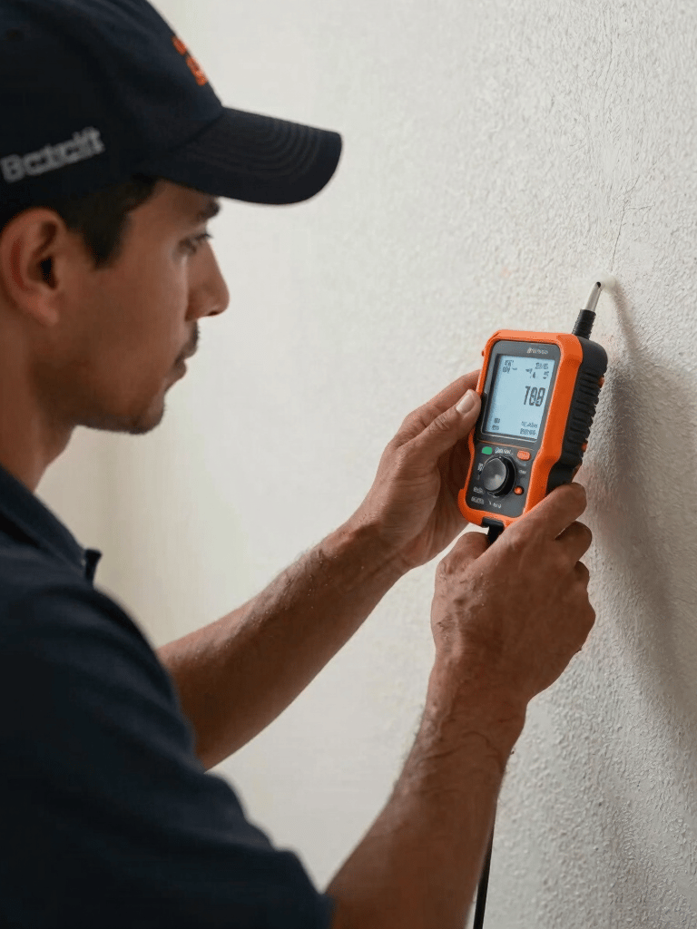 A close-up of a professional water restoration technician in a branded uniform using a moisture meter on a wall in a North American residence in Miami, Florida.