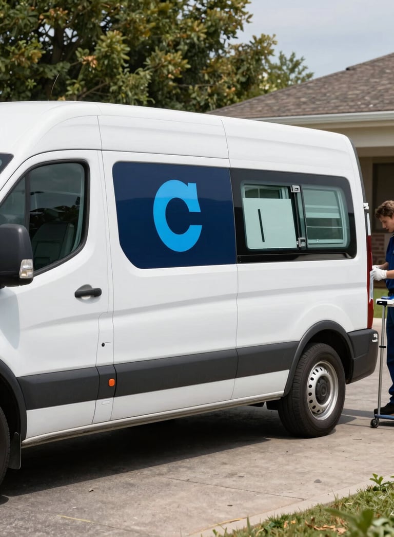 A professional white service van with a clean logo design parked on a paved driveway in a North American setting. A mobile technician is visible near the vehicle, which is stocked with glass repair tools. The scene is bright and efficient, using a palette of dark navy and light blue.