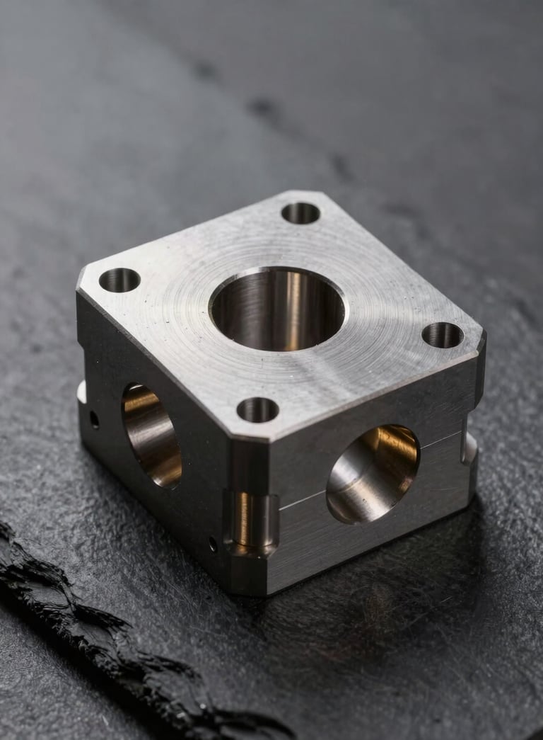 A high-precision metal mold part displayed on a dark slate grey background. The lighting is dramatic, casting soft industrial gold glints on the steel surface, reflecting the 40 years of expertise and durability. Professional photography style.