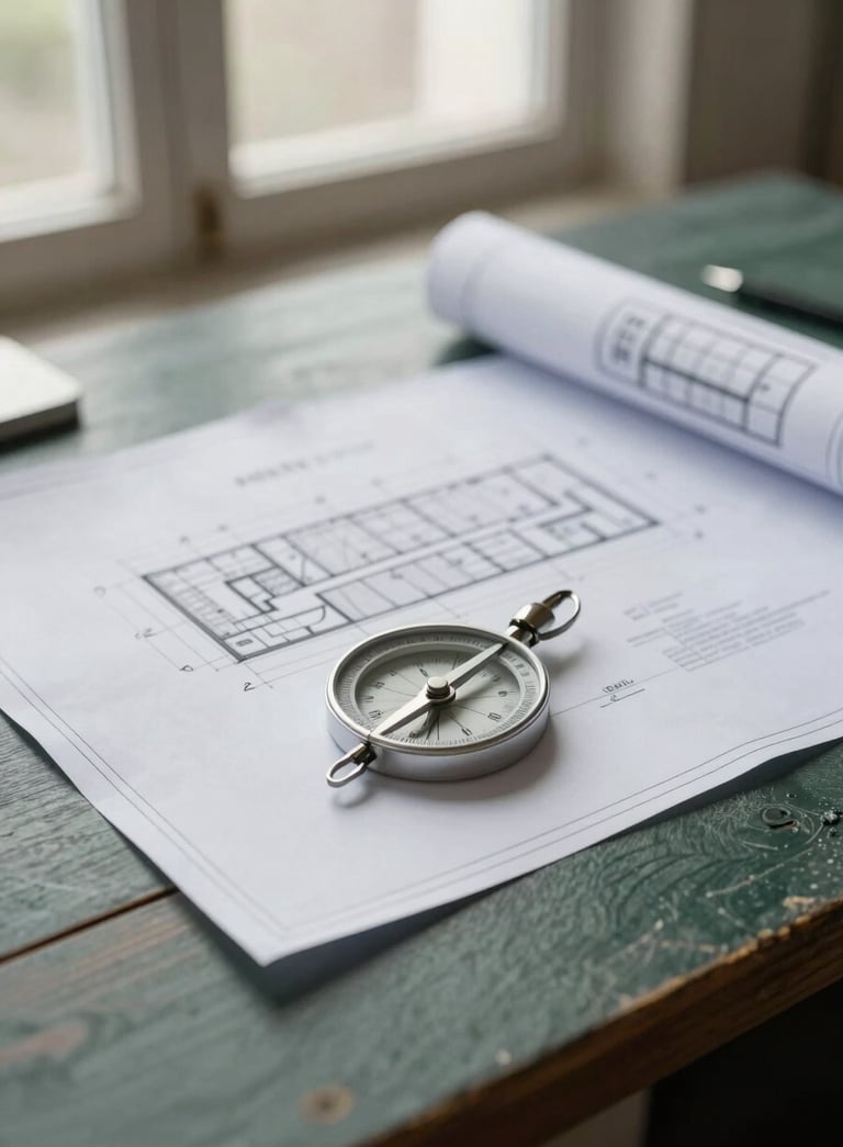 A close-up, sharp photograph of architectural blueprints and a compass on a desk made of dark slate green wood. Soft morning light enters from a window, creating a professional and focused atmosphere.