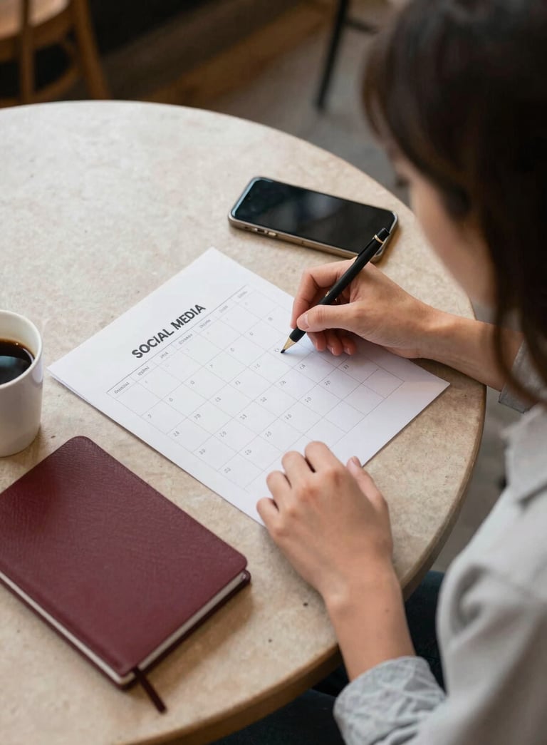 A top-down professional photograph of a marketing specialist in a cozy North American / US cafe, organizing a social media content calendar. On the Crisp Parchment table, there is a Deep Ripe Crimson notebook, a smartphone, and a cup of coffee. Warm, soft natural lighting.