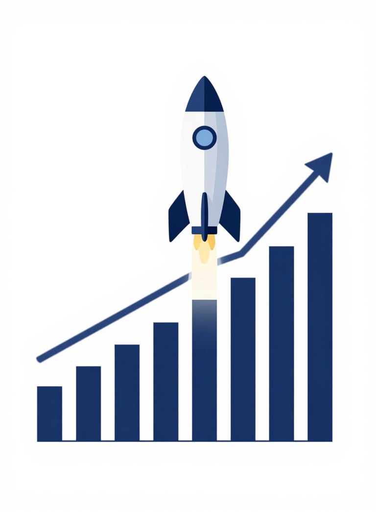 A minimalist, high-quality digital illustration of a rocket ship ascending alongside a growing bar chart, symbolizing strategic performance marketing growth. The style is clean and professional, incorporating shades of #3A506B and #1C2541.