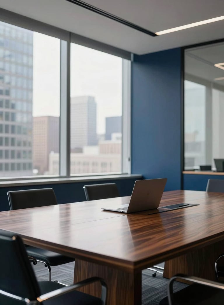 A wide-angle professional photograph of a modern glass-walled boardroom in a North American city. Soft morning light enters from large windows. The table is polished dark wood with a sleek laptop. The atmosphere is sophisticated and reflects high-level consulting and industry authority, using a color palette of deep navy blue and off-white.