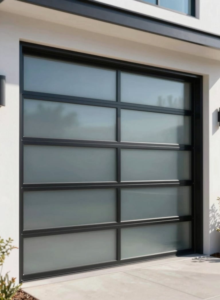 A high-end, modern automatic garage door made of frosted glass and black aluminum, installed on a contemporary Los Angeles home. The lighting is bright and sunny, reflecting the Southern California atmosphere. Subtle hints of deep blue and professional steel accents appear in the scene, conveying quality and trustworthiness.