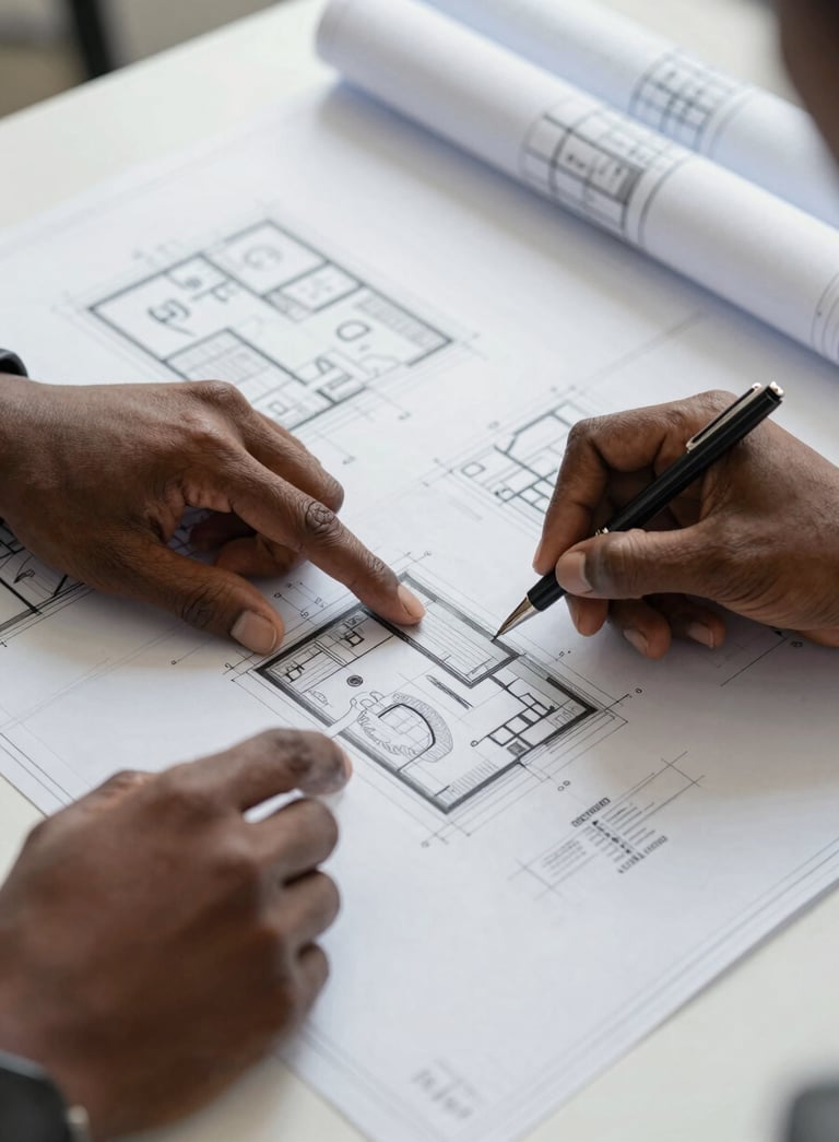 Close-up of high-quality architectural blueprints and technical drawings spread across a desk, with the hands of a professional engineer in Central African / Congolese setting pointing at specific details with a pen, bright natural lighting.