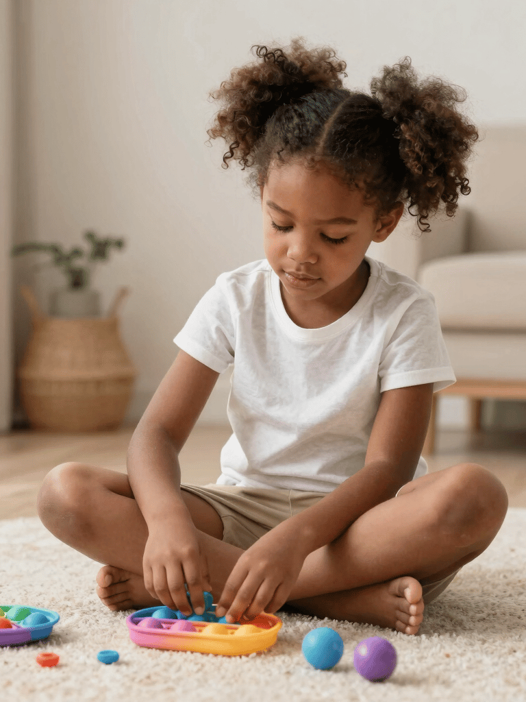 A soft pastel-colored set of sensory calming tools including a stress ball, a smooth wooden fidget toy, and a gentle lavender-scented sachet arranged on a light wooden surface.