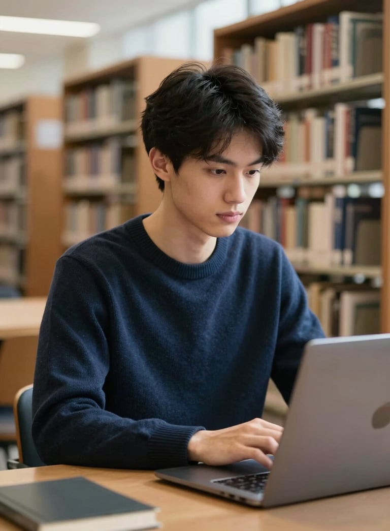 A focused university student in a deep navy sweater sitting in a high-tech library, soft natural light illuminating her face as she works on a sleek laptop.