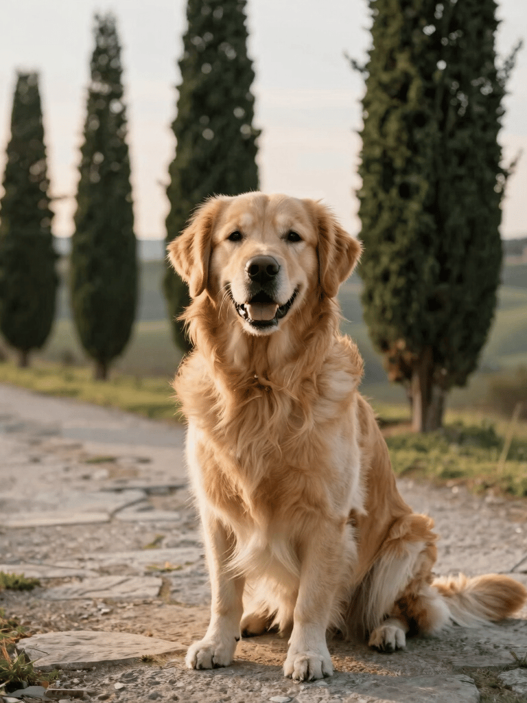 A happy Golden Retriever sitting on a stone path in Fiesole, Italy, with cypress trees and a soft-focus Tuscan landscape in the background, warm morning sunlight, photography.