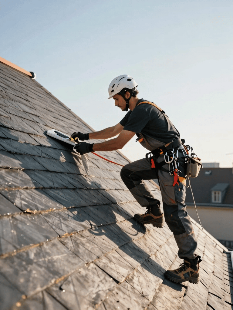 Photography of a skilled roofer in professional workwear, installing dark slate tiles on a steep roof, European / French architecture, bright morning light.