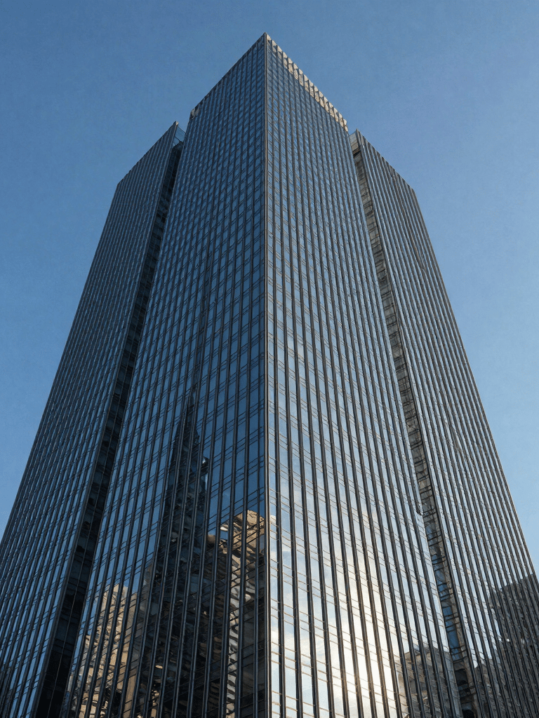 A low-angle, wide-angle photograph of a modern glass skyscraper in a North American business district, reflected sunlight on sleek panels, crystal clear blue sky, conveying corporate stability and strength.