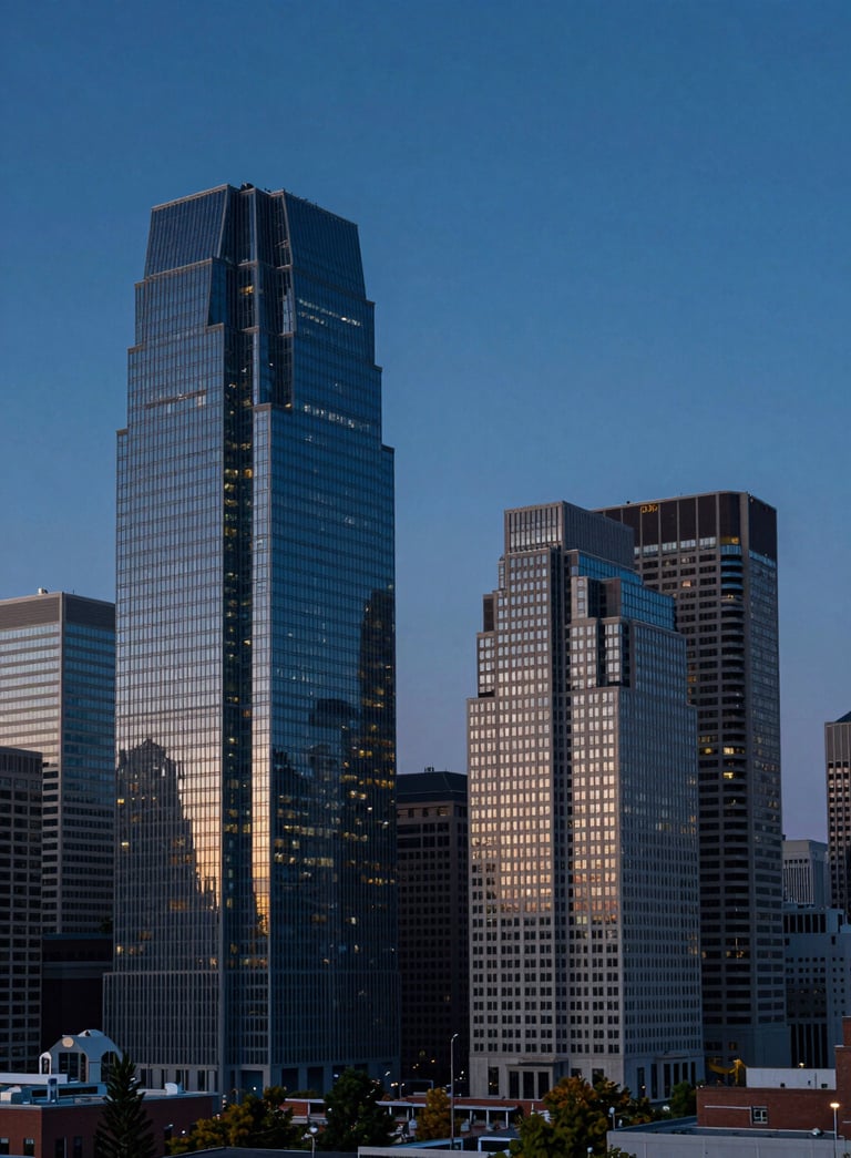 A wide-angle landscape shot of a North American tech hub skyline at twilight, dominated by deep navy and steel blue sky with sharp glass architecture.