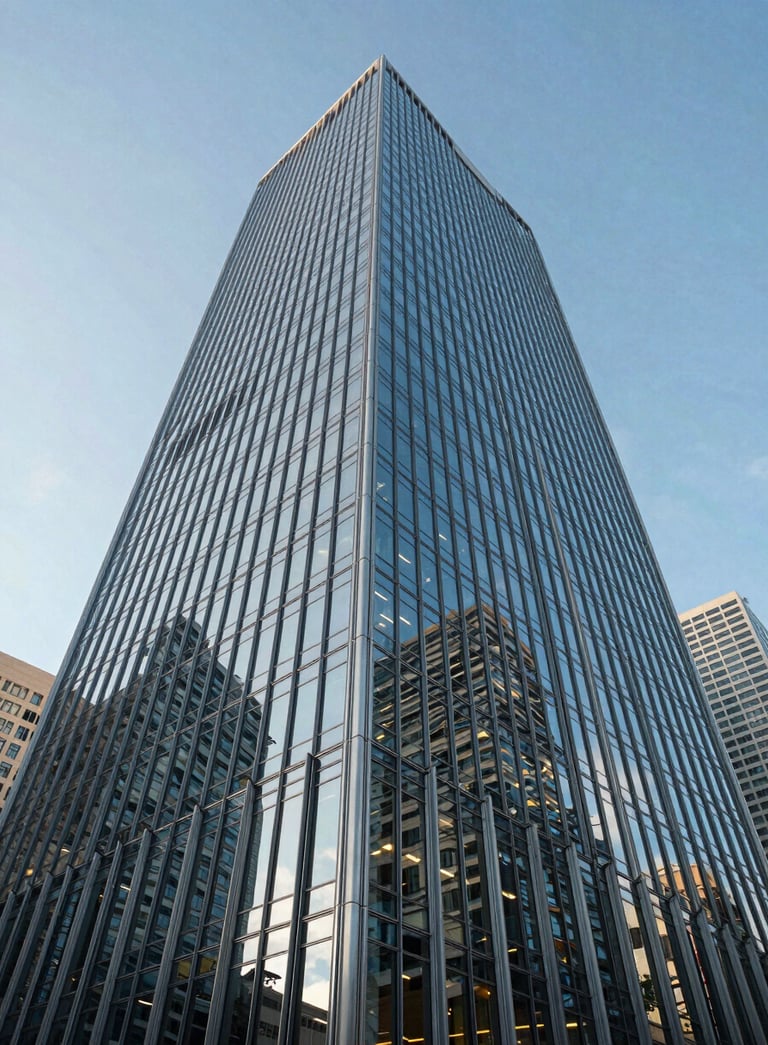 A wide-angle, low-angle shot of a modern glass office skyscraper reflecting the blue sky in a prominent North American / European business district, sharp lines, clean composition, sophisticated atmosphere.