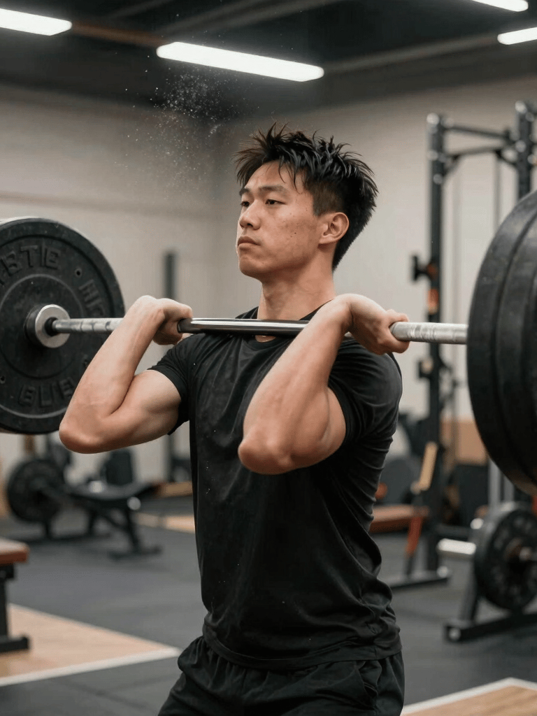 Action photography of an athlete's hands gripping a heavy barbell in a high-end North American gym, dust in the air, energetic atmosphere, professional lighting.