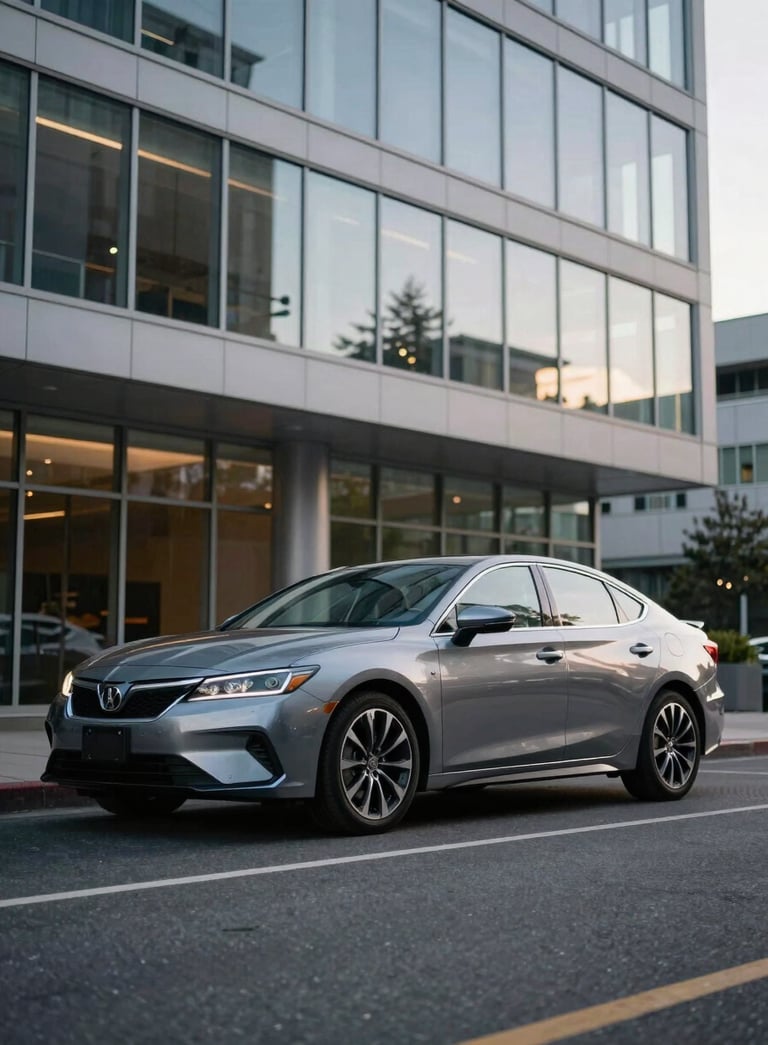A sleek modern sedan parked in front of a contemporary glass office building in Tacoma, Washington, soft daylight, professional North American / US atmosphere.
