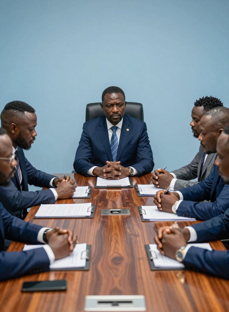 Corporate West African boardroom in Abidjan, featuring a large mahogany table and professional executives engaged in a strategic meeting, sophisticated atmosphere with dark navy blue and light blue tones.