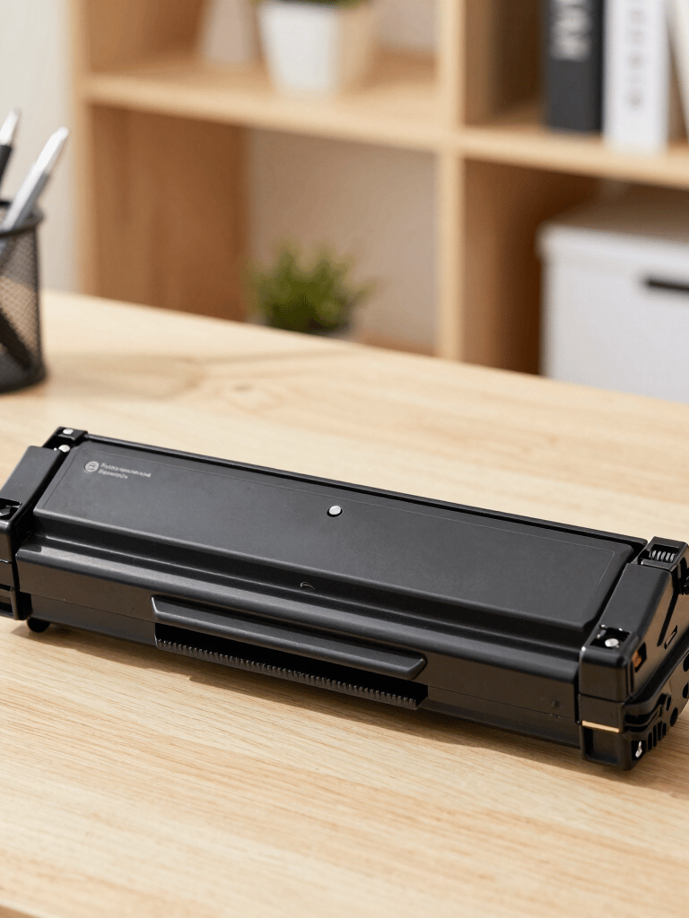 Black premium laser toner cartridge on a wooden office desk with stationery and bookshelves.