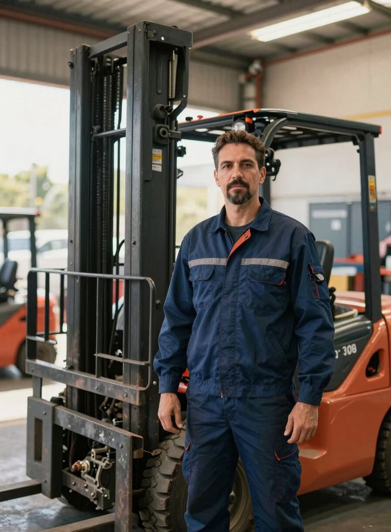 A professional mechanic in a clean navy blue uniform standing proudly next to a high-reach forklift in a Brazilian logistics center, warm natural lighting, confident stance, high-quality photography.