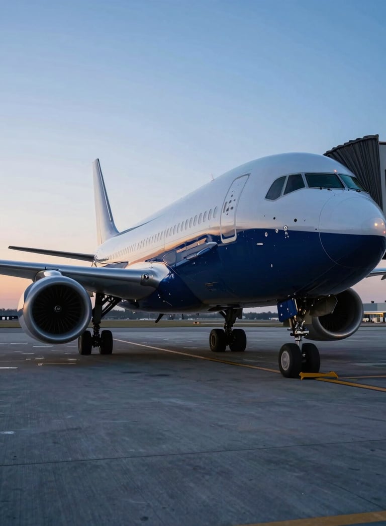 A low-angle, professional photograph of a large commercial aircraft at a modern North American / US airport gate during the blue hour, with soft ice blue and dark navy reflections on the sleek fuselage.
