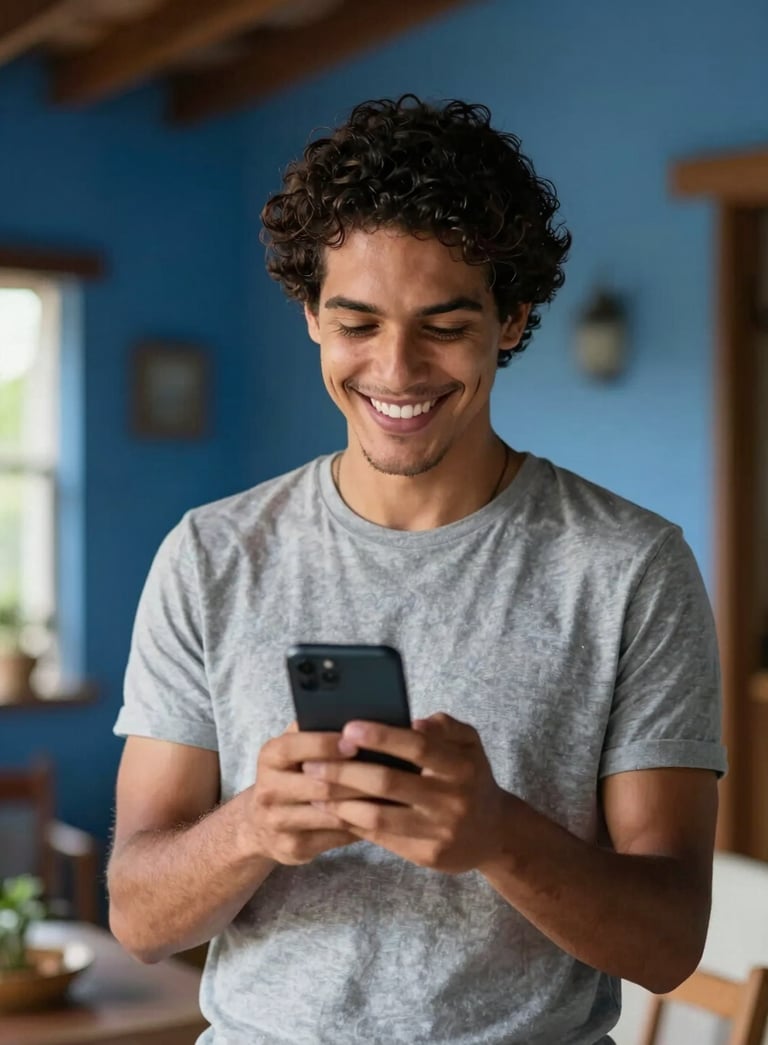 A happy person in a sunlit South American Brazilian home looking at their smartphone with a confident smile, professional photography, light grey-blue and dark blue atmosphere.