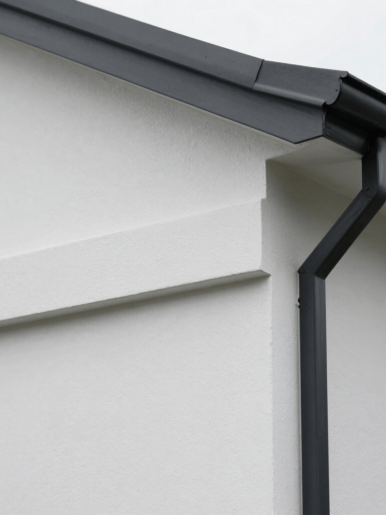 A high-quality close-up of a freshly painted white residential exterior wall meeting a charcoal black trim, showcasing perfect clean lines and premium texture, Auckland architectural style.