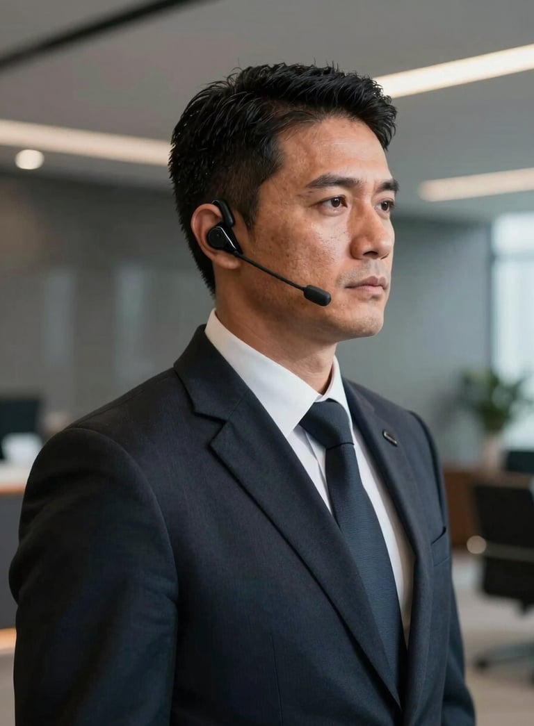 A close-up, sharp photograph of a professional security specialist in a dark tailored suit, with a discreet communication earpiece, standing in a sleek Brazilian corporate lobby. The lighting is professional and low-key, featuring dark navy and slate gray tones.