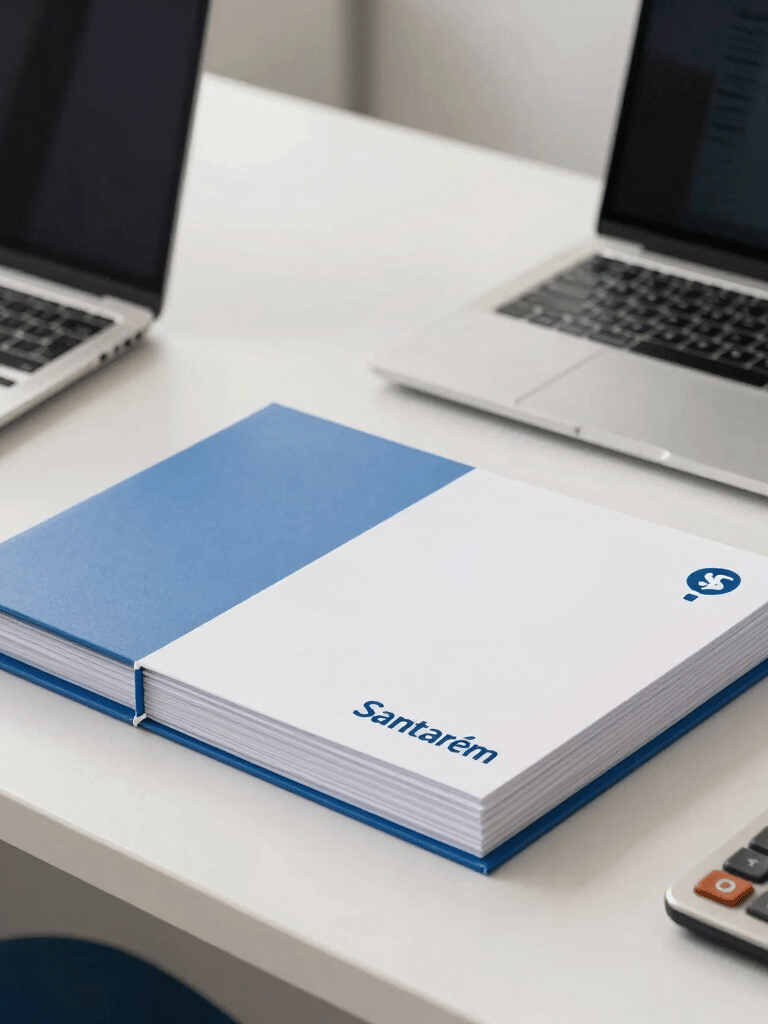 A clean, modern South American office desk in Santarém with a laptop, a calculator, and neatly stacked financial folders. The lighting is bright and professional, featuring soft blue and off-white tones from the brand palette.