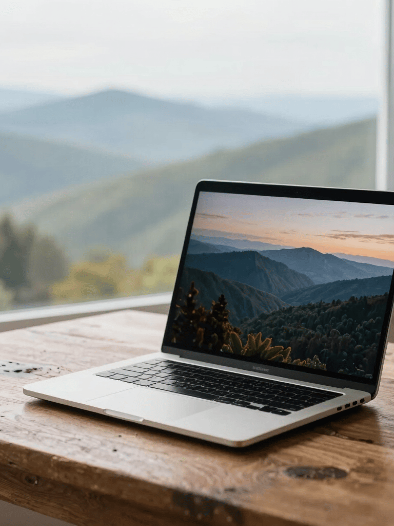 A bright and airy photograph of a sleek laptop on a rustic wooden desk, with a soft-focus view of rolling Appalachian hills through a clean window, North American / US.