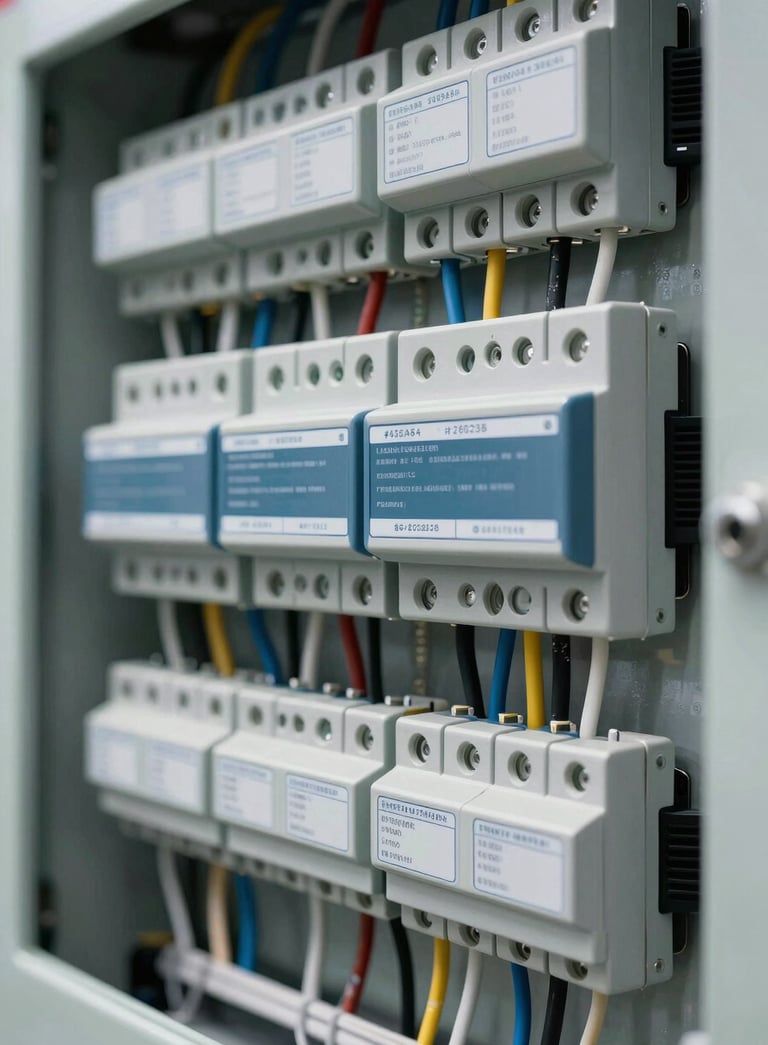 A close-up shot of a perfectly organized modern electrical distribution board with neat wiring and clear labels. The lighting is bright and industrial, highlighting expertise and safety. The composition is clean and technical, incorporating the #455A64 and #263238 brand colors through the metal and components.