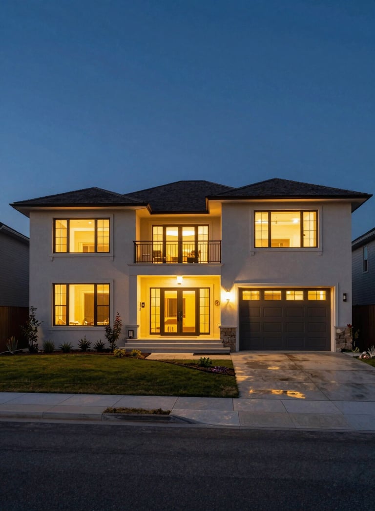 A wide-angle photography shot of a modern luxury estate in North American suburbs at dusk. Warm gold lighting glows through floor-to-ceiling windows against a deep midnight blue sky.