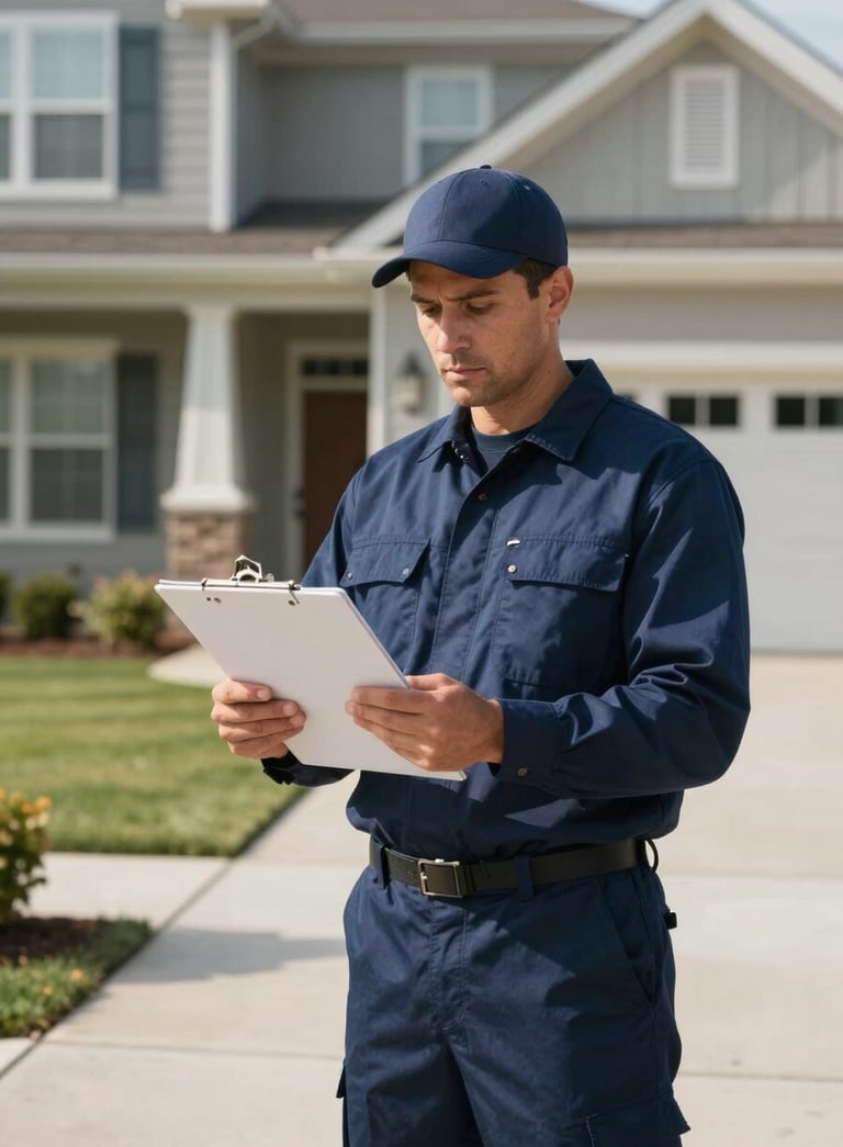 A professional pest control technician in a clean uniform standing outside a modern North American / US suburban home, holding a professional service clipboard, sunny day with soft shadows, deep navy and steel blue color palette.