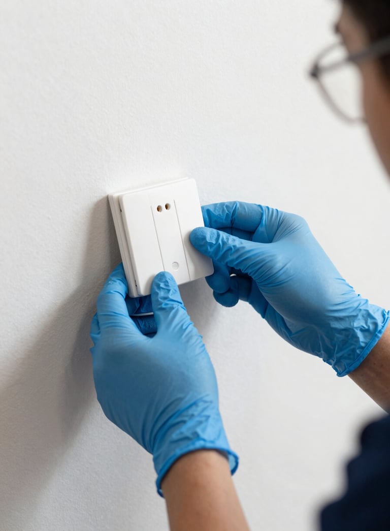A close-up photograph of a professional technician's hands wearing protective gloves while installing a modern smart light switch. The setting is a clean Southeast Asian / Malaysian home interior. Lighting is bright and precise, featuring Soft Arctic White and Steel Blue tones.