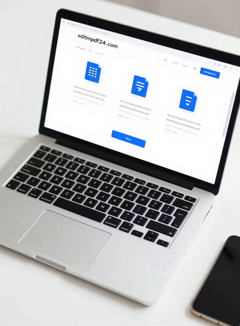 A top-down view of a modern laptop on a clean white desk. The screen displays the editmypdf24.com dashboard with intuitive icons for merging and splitting documents in #214E87 blue colors.