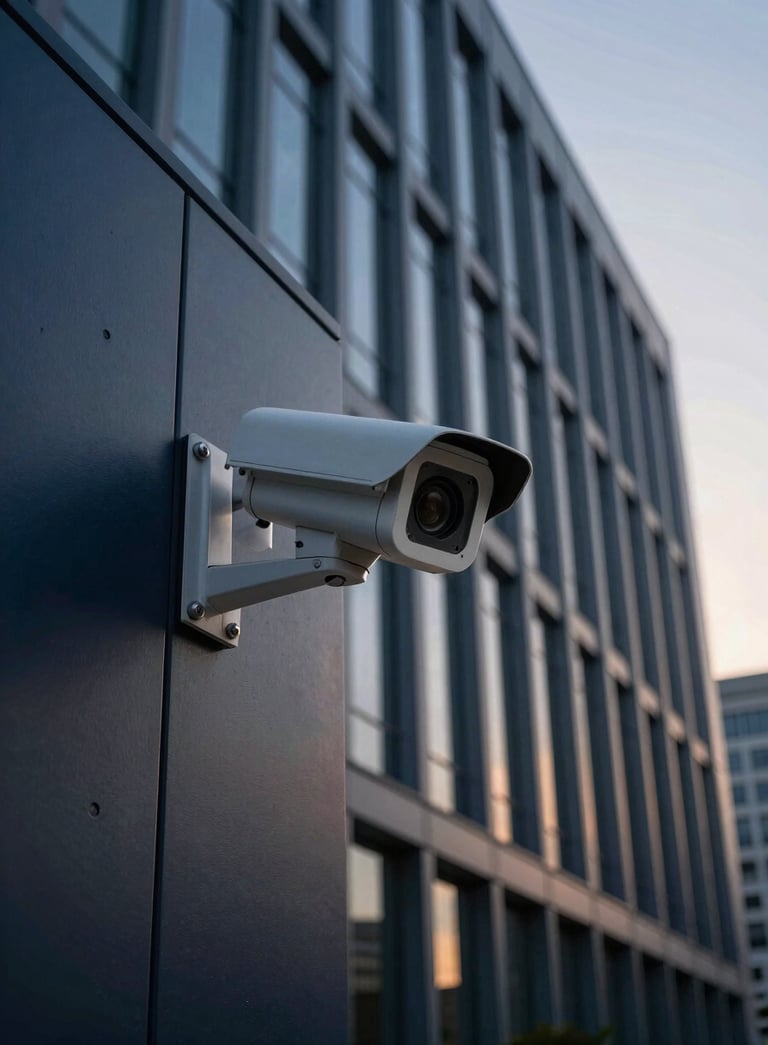 A modern North American / US corporate headquarters with sleek architectural lines, showcasing a discreetly placed high-tech security camera in Deep Navy. Soft dawn light, professional and authoritative mood.