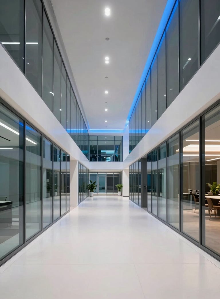 A wide-angle view of a futuristic tech corridor in a North American corporate headquarters, minimalist glass walls, vibrant blue lighting accents, and clean off-white floors.