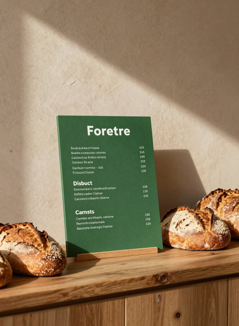 A cozy Scandinavian bakery interior with warm Crisp Parchment walls and soft natural light. On a wooden counter, a Matte Forest Green menu board stands next to artisanal loaves. High-end food photography style.