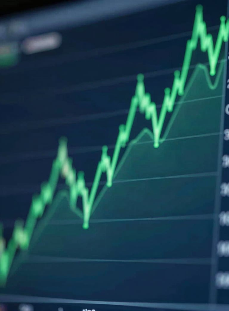 An abstract, high-end close-up of a digital stock market trend line moving upwards across a sleek glass surface, reflecting deep blue and vibrant green tones, professional and modern style.