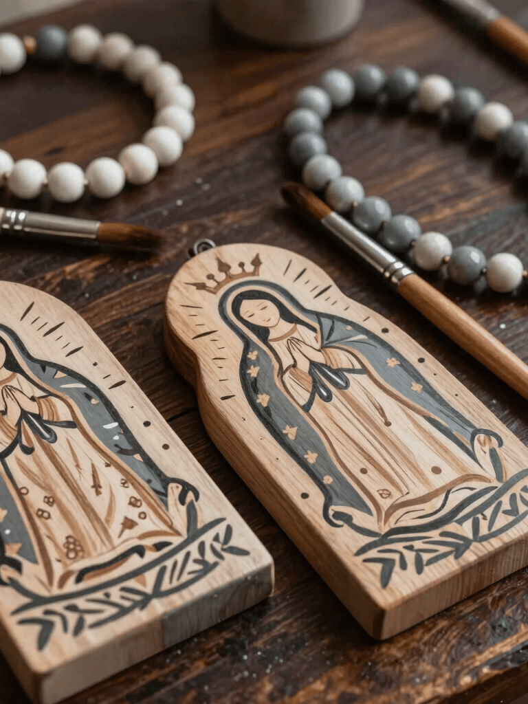 A close-up studio photograph in Latin America / Chile showing an artisan painting station. Fine paintbrushes rest on dark wood next to delicate hand-painted wooden virgins and handcrafted beaded necklaces in soft warm gray, charcoal, and off-white palette tones.