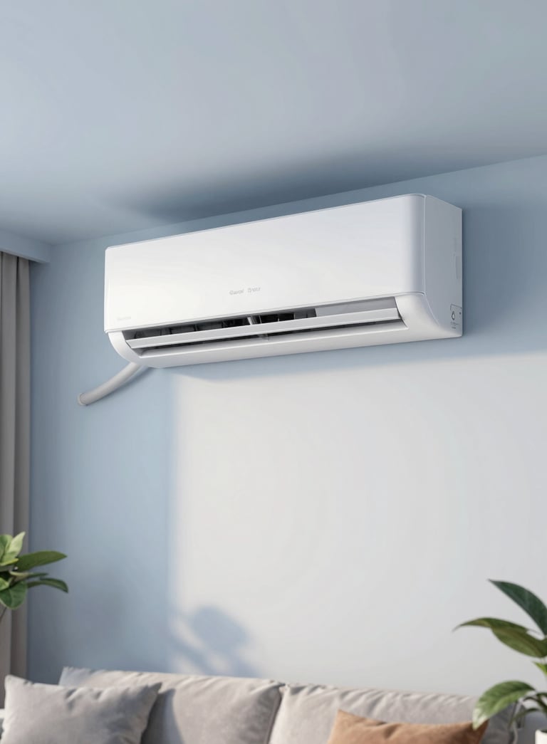 A sleek, modern wall-mounted indoor AC unit installed in a bright North American / US living room with soft sky blue accents. The lighting is natural and airy, conveying a sense of cool comfort.