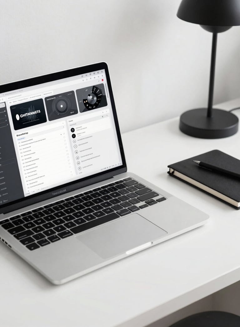 Close-up of a sleek, minimalist workspace in a North American home office. A high-end laptop is open on a white desk showing a sophisticated digital marketing dashboard. Beside it is a professional notebook and a designer lamp. Sharp focus, clean composition, black and white accents.