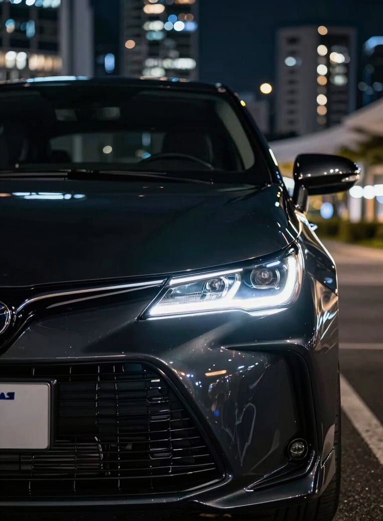 A sleek close-up of the front grille and LED headlight of a deepest obsidian black Corolla. Low-key lighting, emphasizing the metallic curves and premium finish. Background is a blurred modern South American / Brazilian city at night with crystal white lights.