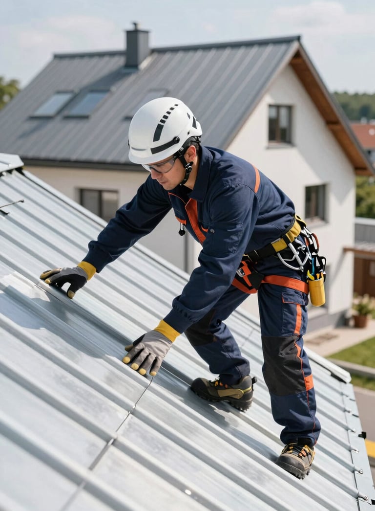 A professional roofer wearing safety gear and navy blue workwear, inspecting a modern zinc roof. Central European house background, sunny day, composition emphasizing precision and reliability. Clean and sharp photography.