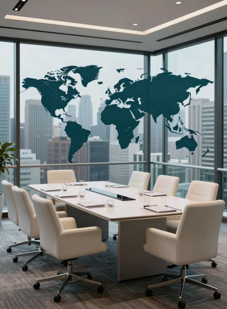 A sophisticated corporate boardroom overlooking a metropolitan skyline with dark teal tones and creamy white furniture, conveying global reliability and efficiency.